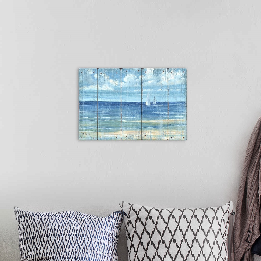 A bohemian room featuring Contemporary artwork of two sailboats in the distance seen across the sea on a textured panel bac...