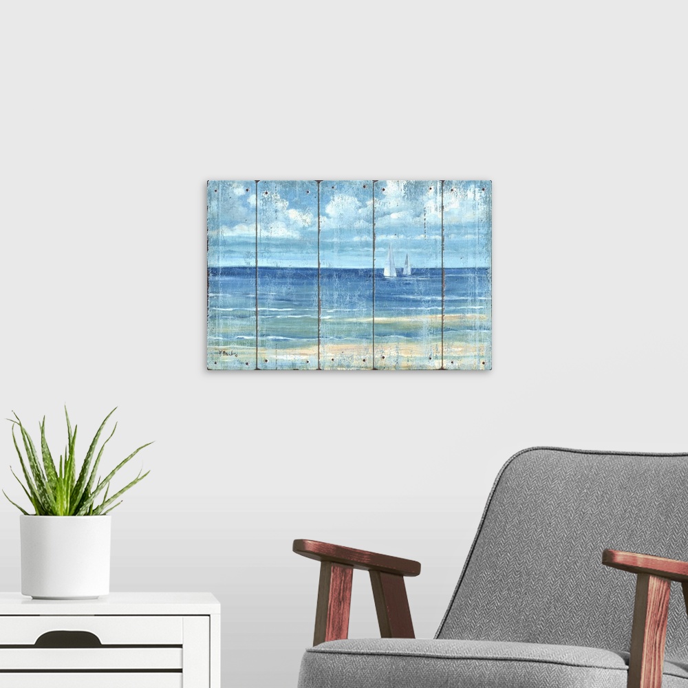 A modern room featuring Contemporary artwork of two sailboats in the distance seen across the sea on a textured panel bac...