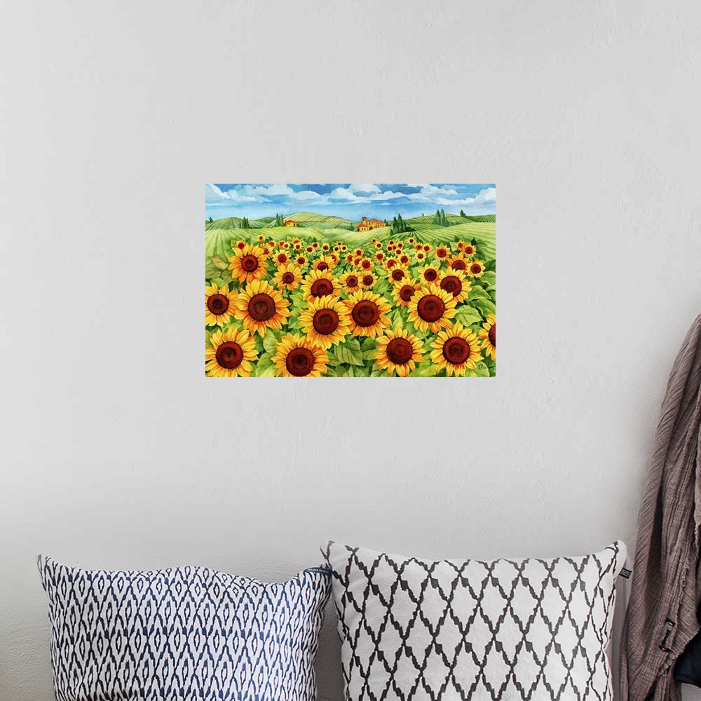A bohemian room featuring Contemporary painting of a field of sunflowers in the countryside.