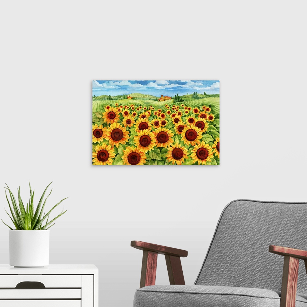 A modern room featuring Contemporary painting of a field of sunflowers in the countryside.