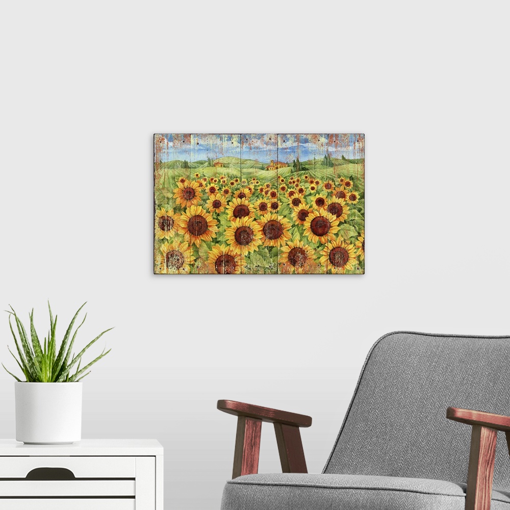 A modern room featuring Weathered painting of a field of sunflowers in the countryside.