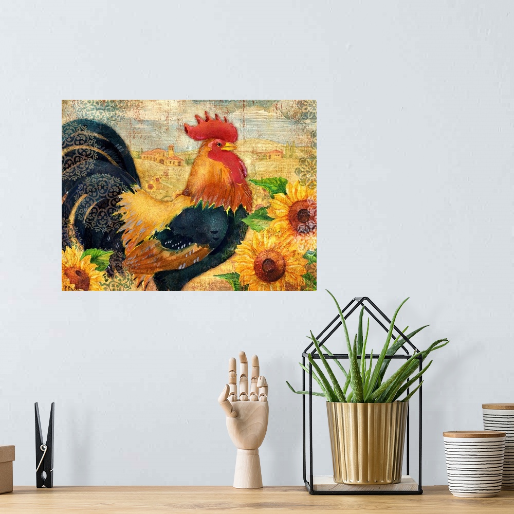 A bohemian room featuring Painting of a rooster in a field of sunflowers with textured edges.