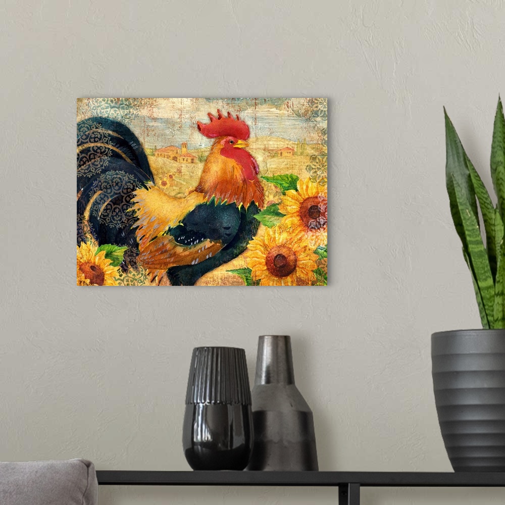 A modern room featuring Painting of a rooster in a field of sunflowers with textured edges.