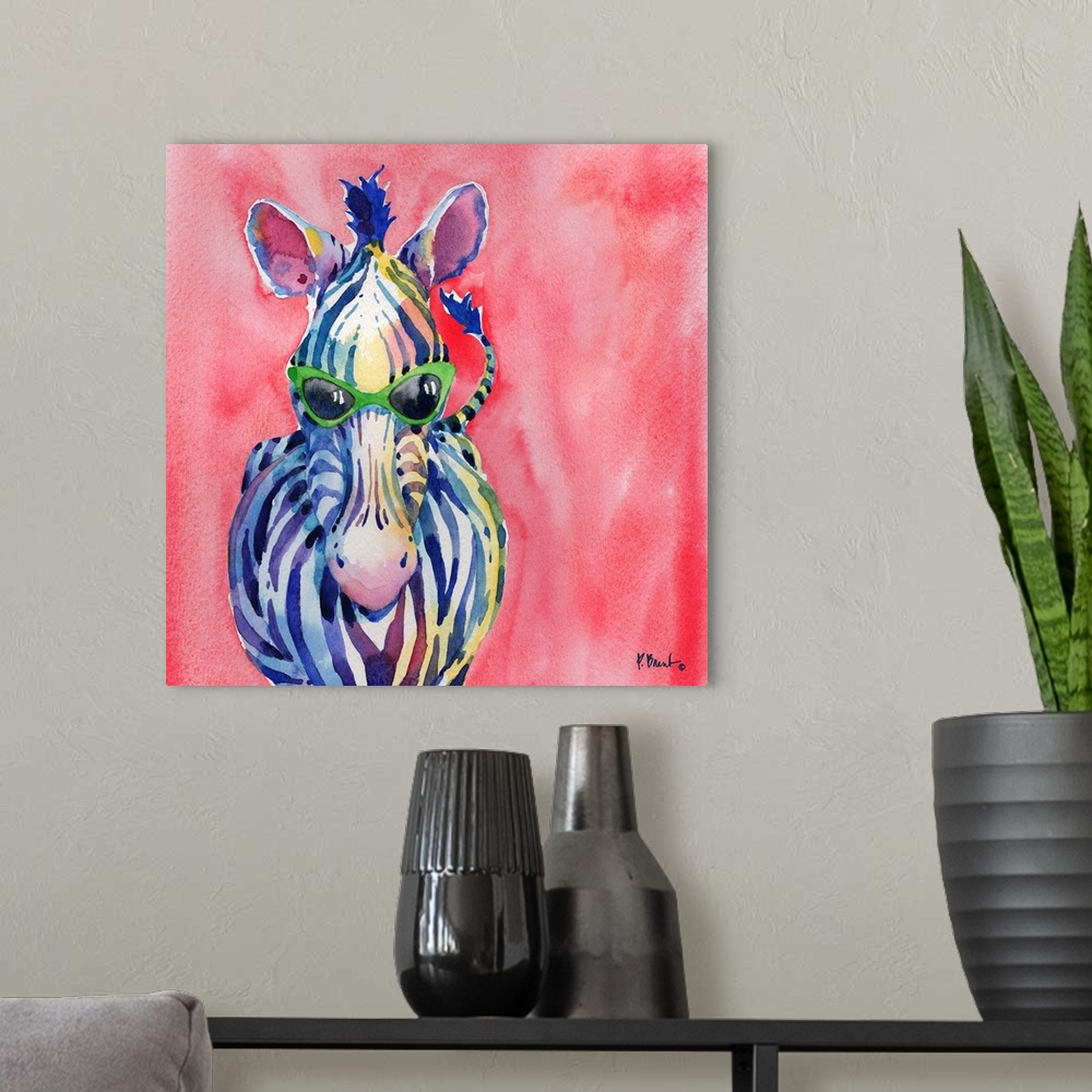 A modern room featuring Square watercolor painting of a zebra wearing green sunglasses on a pink background.