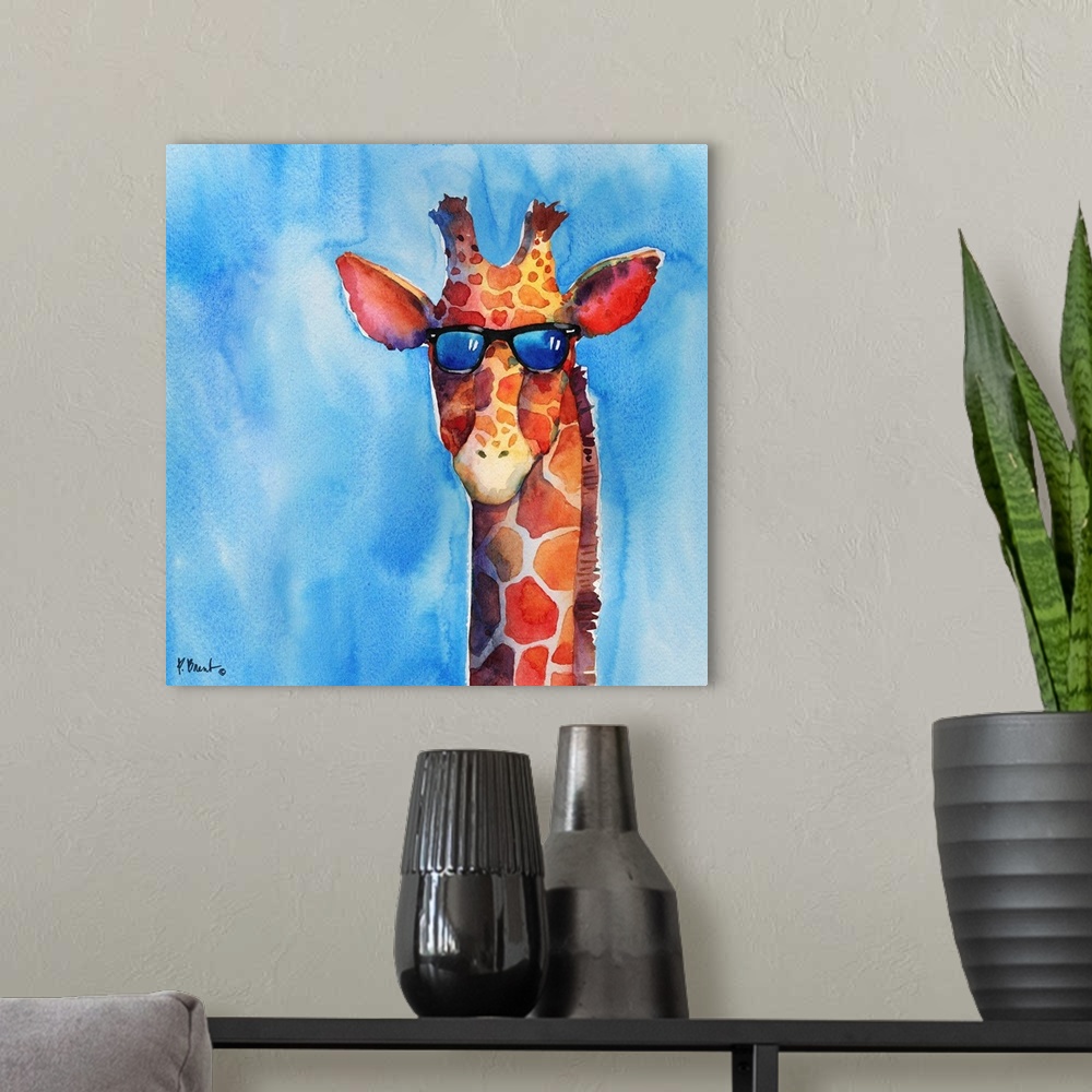 A modern room featuring Square watercolor painting of a giraffe wearing sunglasses on a blue background.