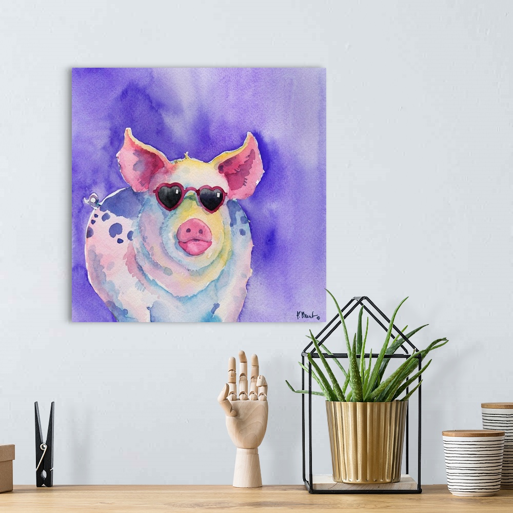 A bohemian room featuring Square watercolor painting of a pig wearing pink heart shaped sunglasses on a purple background.