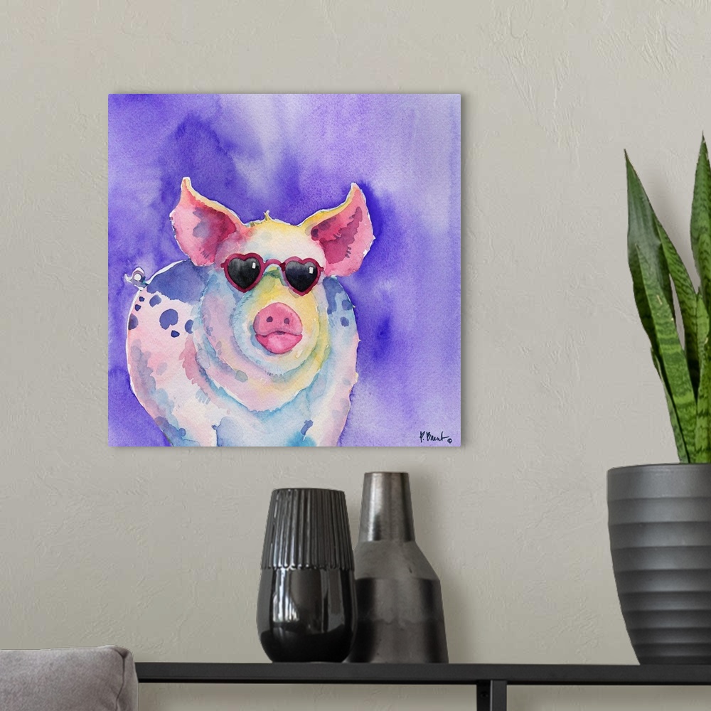 A modern room featuring Square watercolor painting of a pig wearing pink heart shaped sunglasses on a purple background.