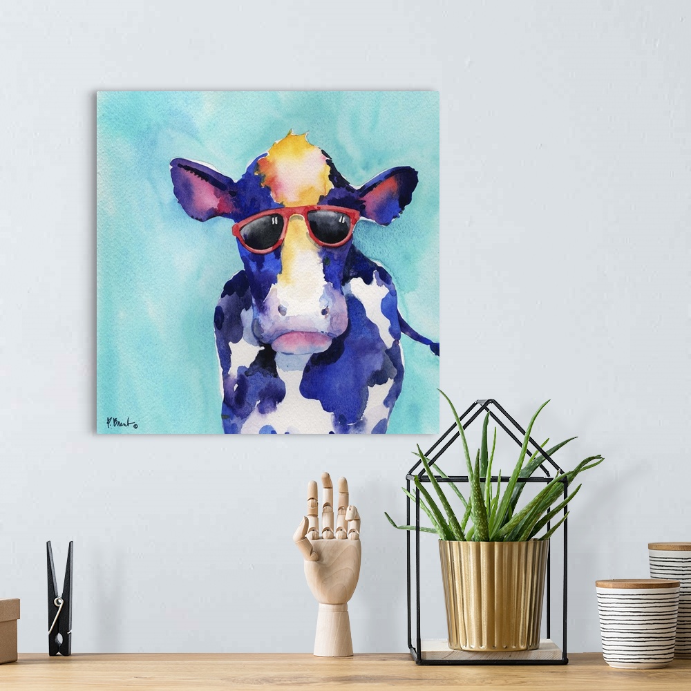 A bohemian room featuring Square watercolor painting of a cow wearing red sunglasses on a light blue background.
