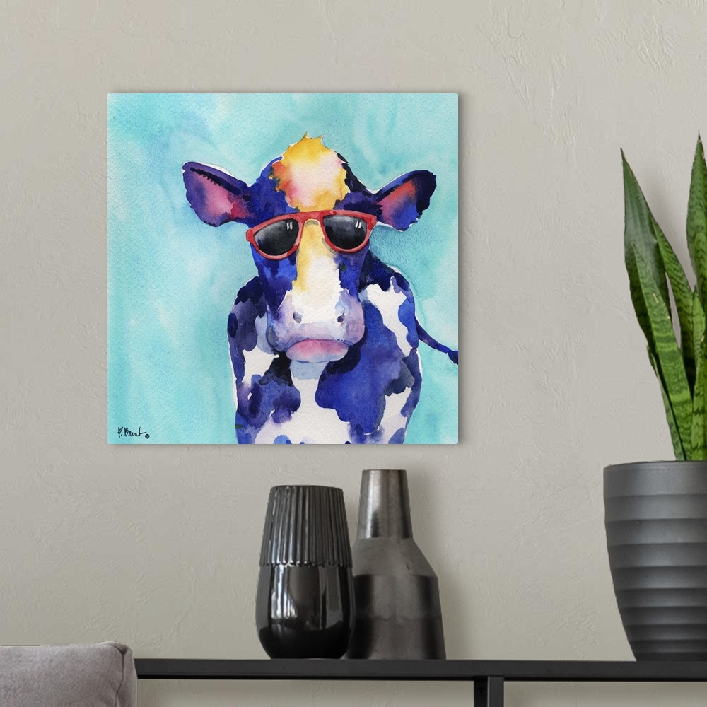 A modern room featuring Square watercolor painting of a cow wearing red sunglasses on a light blue background.