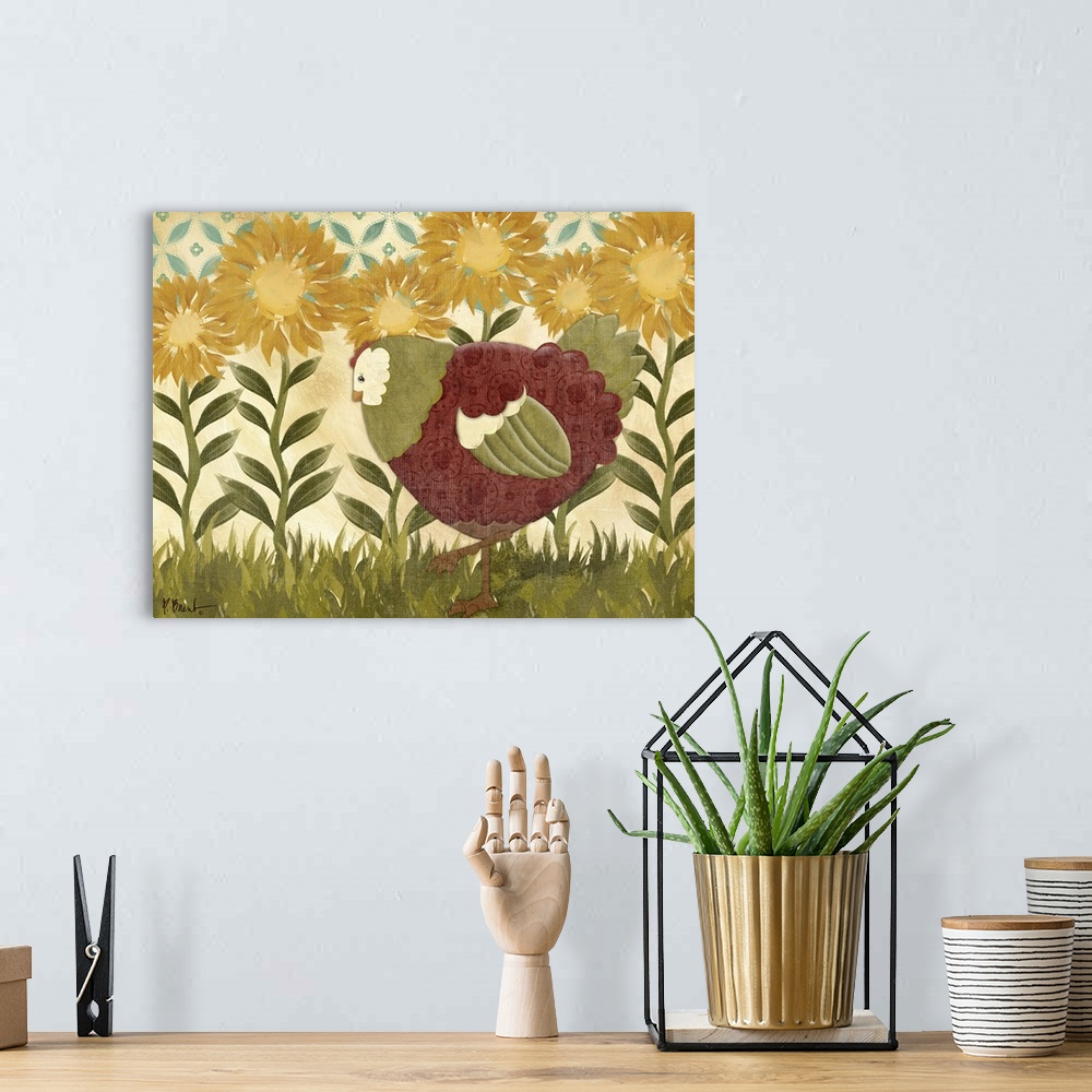 A bohemian room featuring Folk art style illustration of a hen with a row of sunflowers.