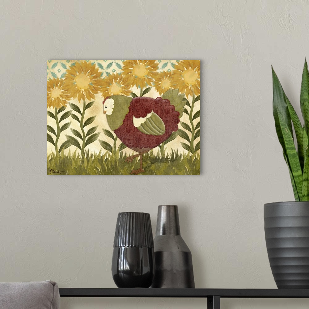 A modern room featuring Folk art style illustration of a hen with a row of sunflowers.