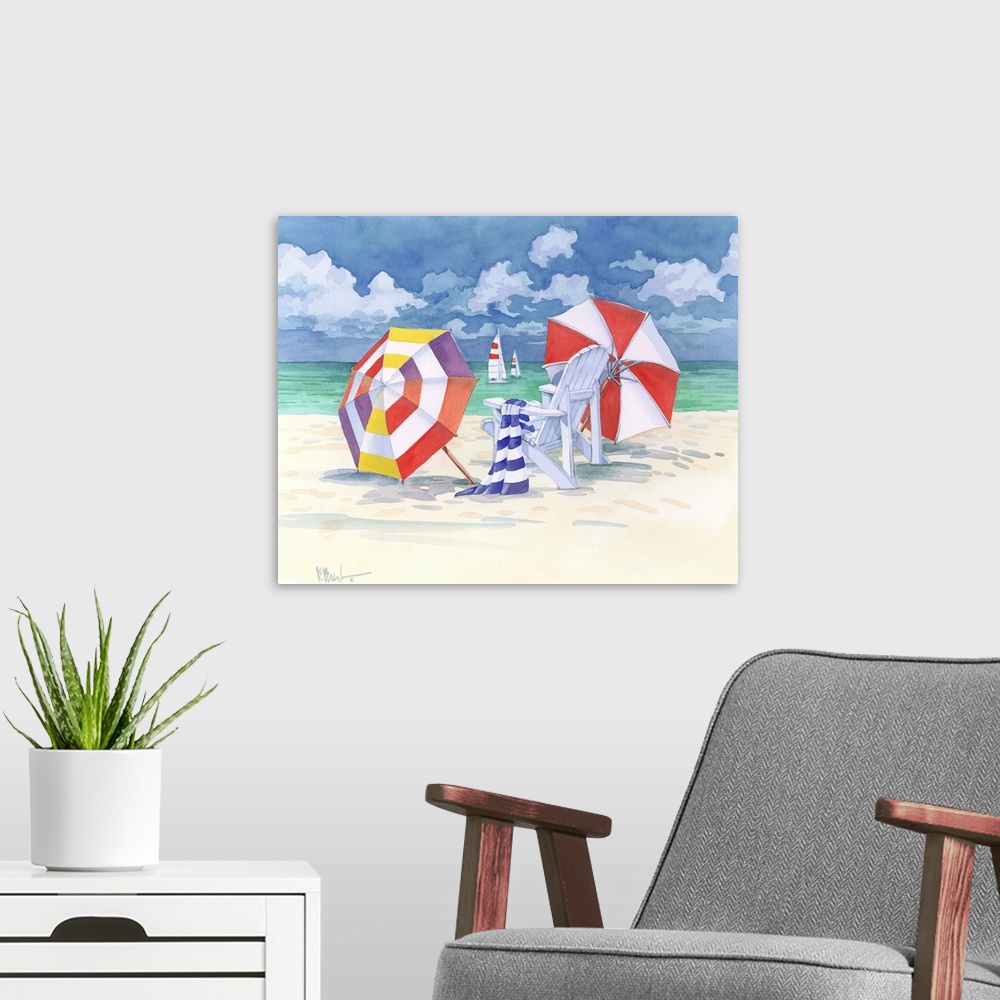 A modern room featuring Watercolor painting of a beach scene with an adirondack chair, a towel, and two large sun umbrellas.