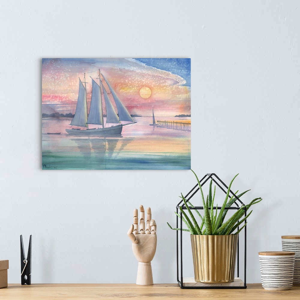 A bohemian room featuring Watercolor painting of a sailboat at sunset by a pier.