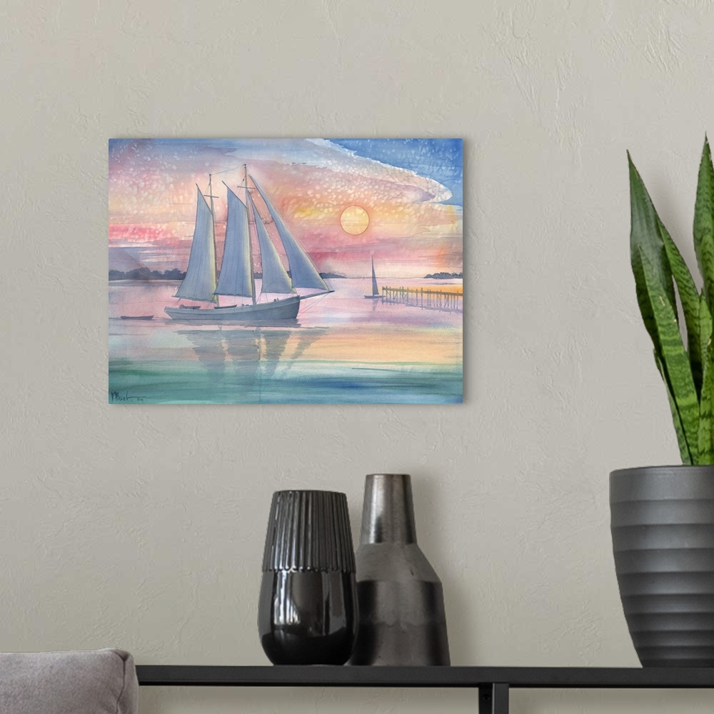 A modern room featuring Watercolor painting of a sailboat at sunset by a pier.