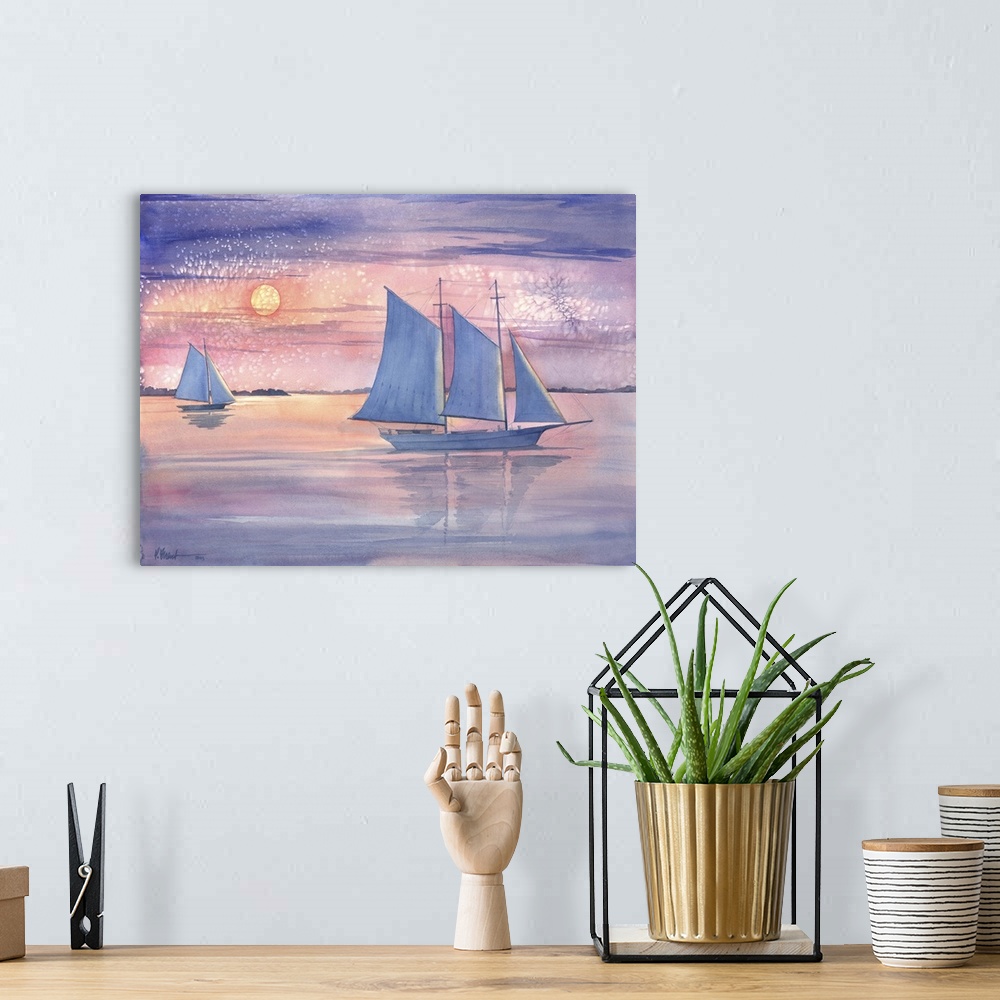 A bohemian room featuring Watercolor painting of two sailboats at sunset.