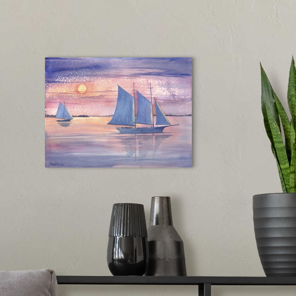 A modern room featuring Watercolor painting of two sailboats at sunset.