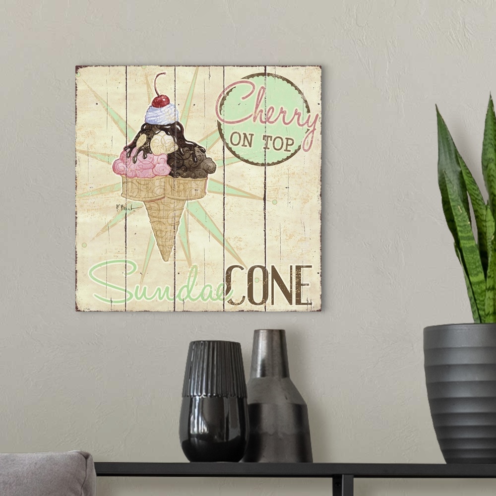 A modern room featuring A vintage ice cream shop sign featuring a sundae cone.