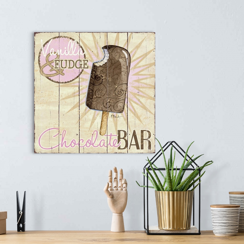A bohemian room featuring A vintage ice cream shop sign featuring a chocolate bar.