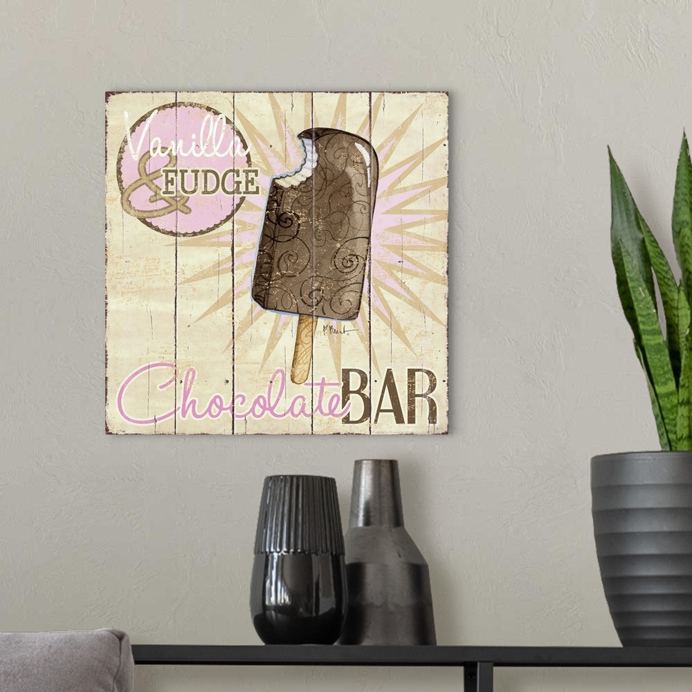 A modern room featuring A vintage ice cream shop sign featuring a chocolate bar.
