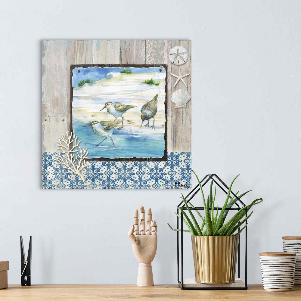 A bohemian room featuring Square beach decor with sandpipers and seashells in blue and brown tones.