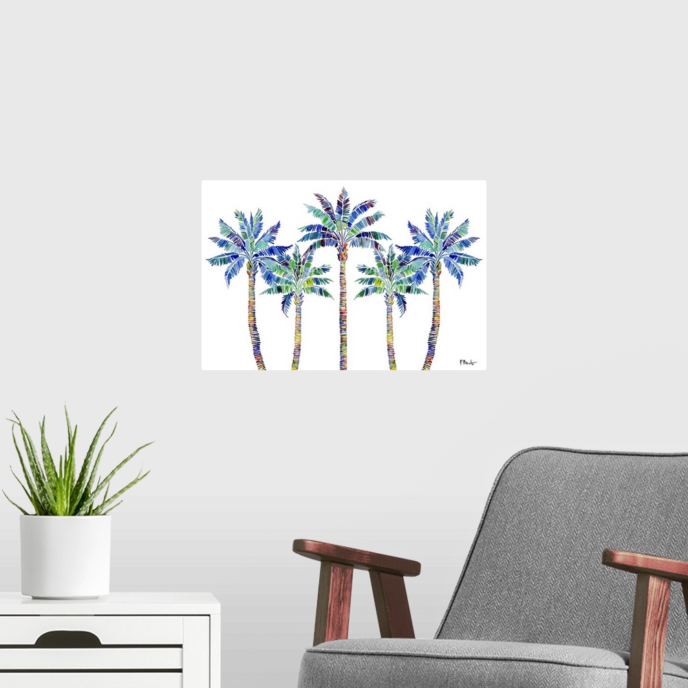 A modern room featuring Watercolor palm tree on a white background.