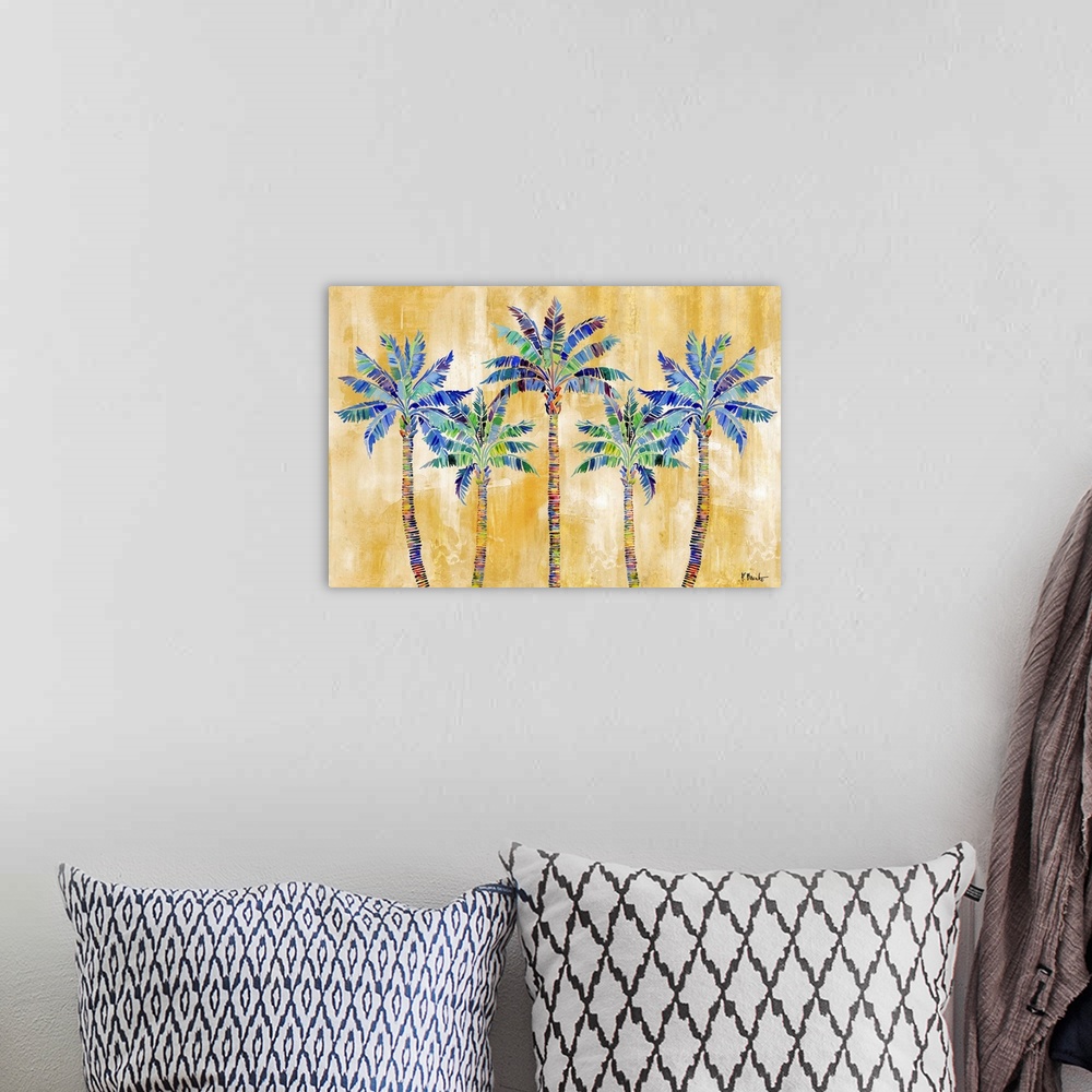 A bohemian room featuring Watercolor palm trees on a gold background.