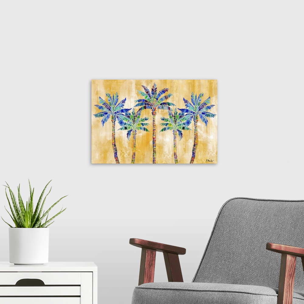 A modern room featuring Watercolor palm trees on a gold background.