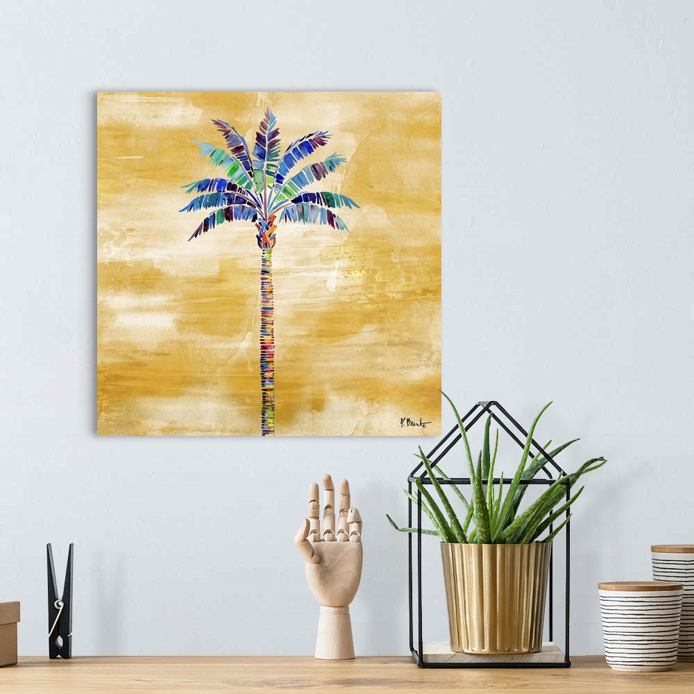 A bohemian room featuring Watercolor palm tree on a gold background.