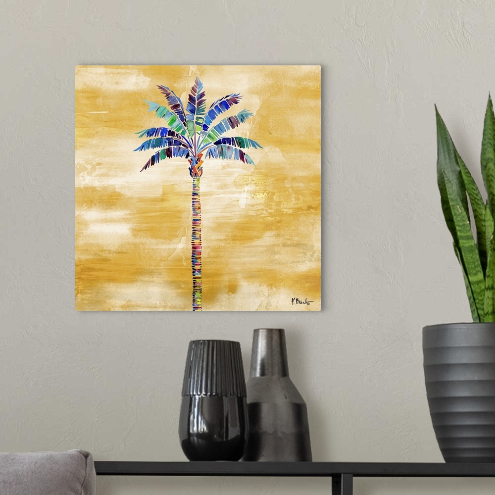 A modern room featuring Watercolor palm tree on a gold background.