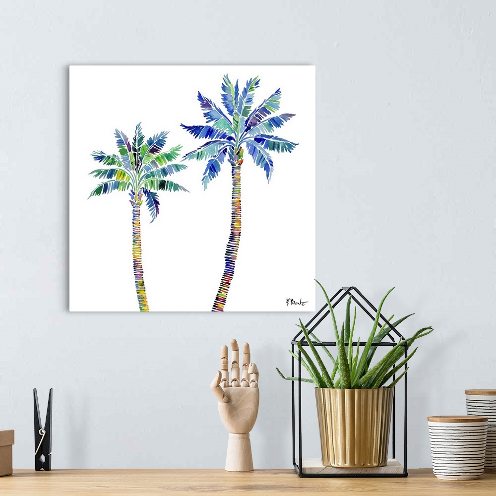 A bohemian room featuring Watercolor palm tree on a white background.