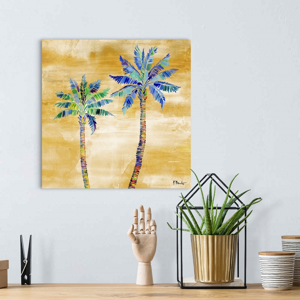 A bohemian room featuring Watercolor palm trees on a gold background.