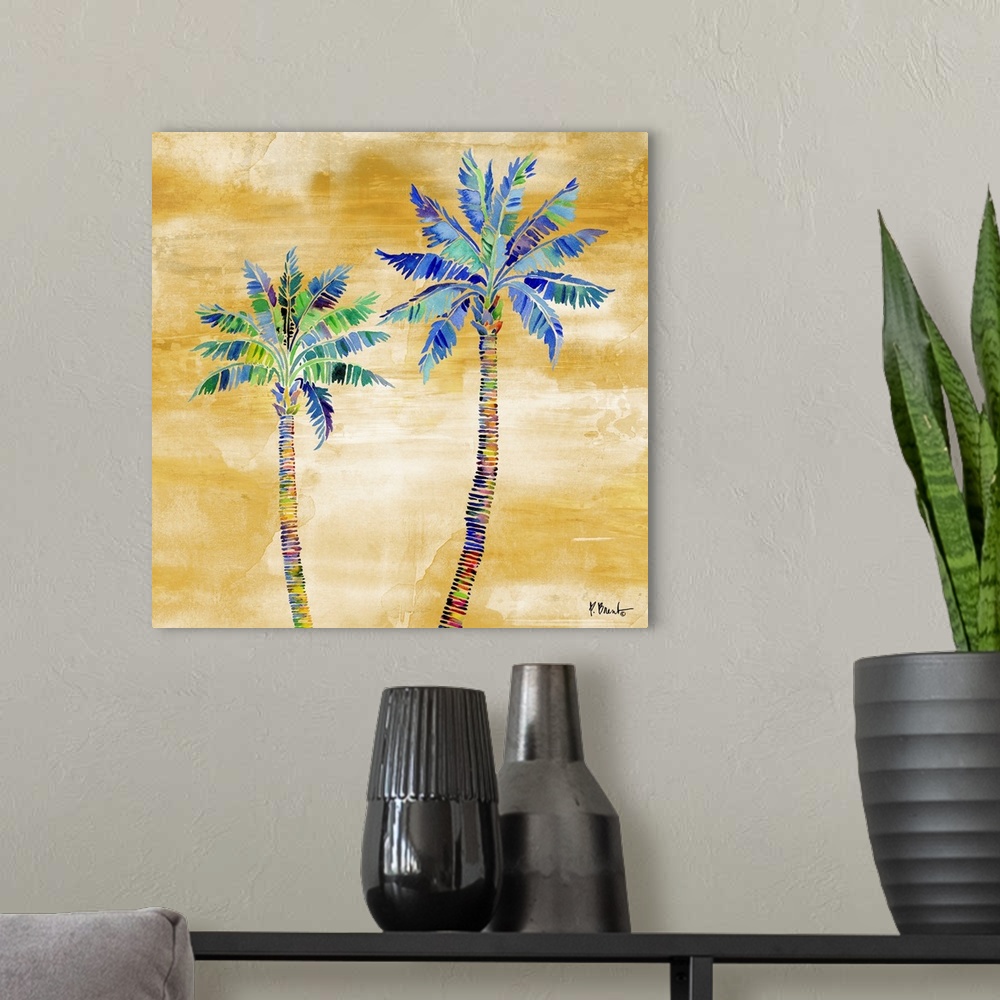 A modern room featuring Watercolor palm trees on a gold background.