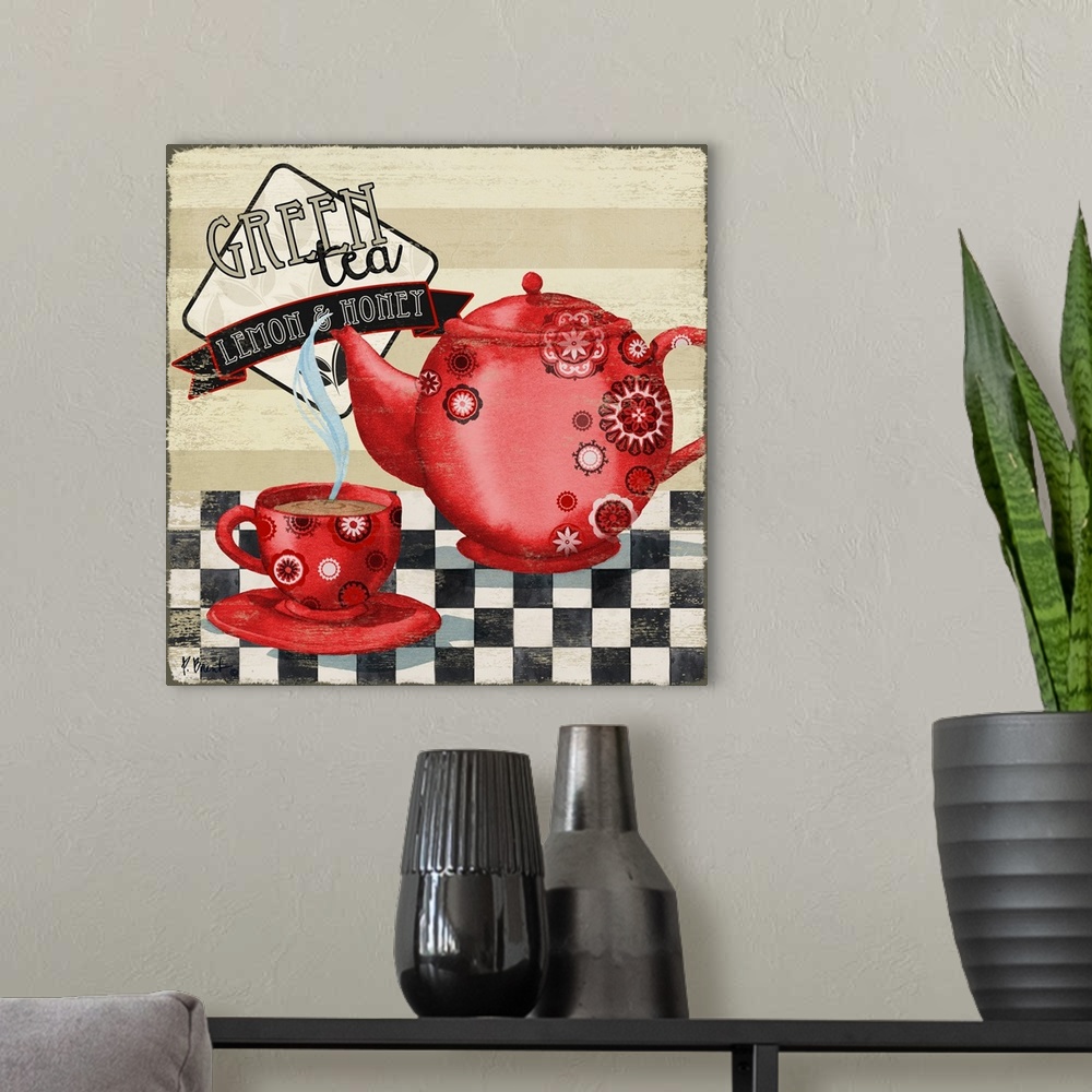 A modern room featuring A red tea kettle and cup filled with steaming hot tea on checkerboard.