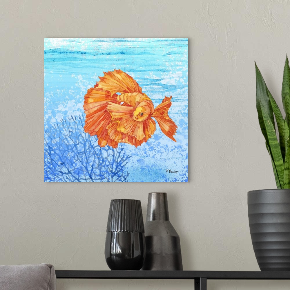 A modern room featuring Watercolor painting of a Thai betta fish.