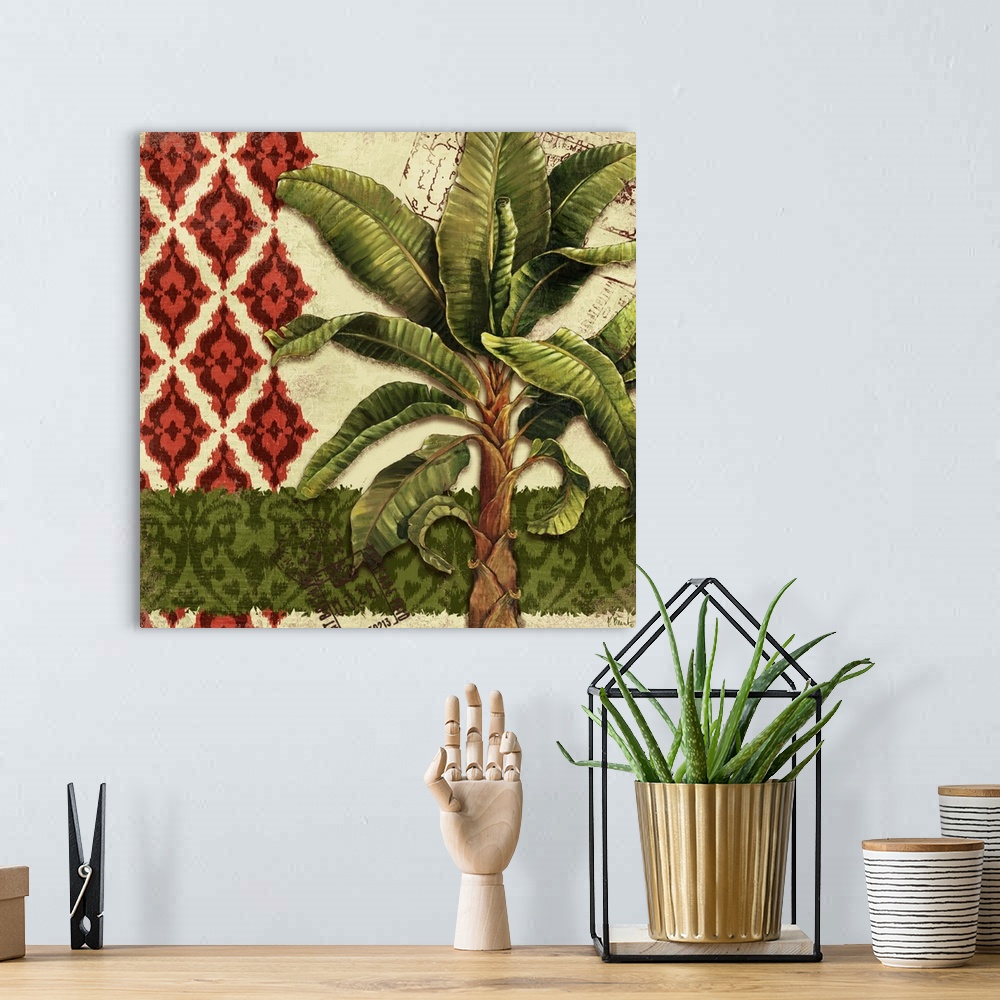 A bohemian room featuring Decorative panel of a palm tree on mixed print patterns with post marks.