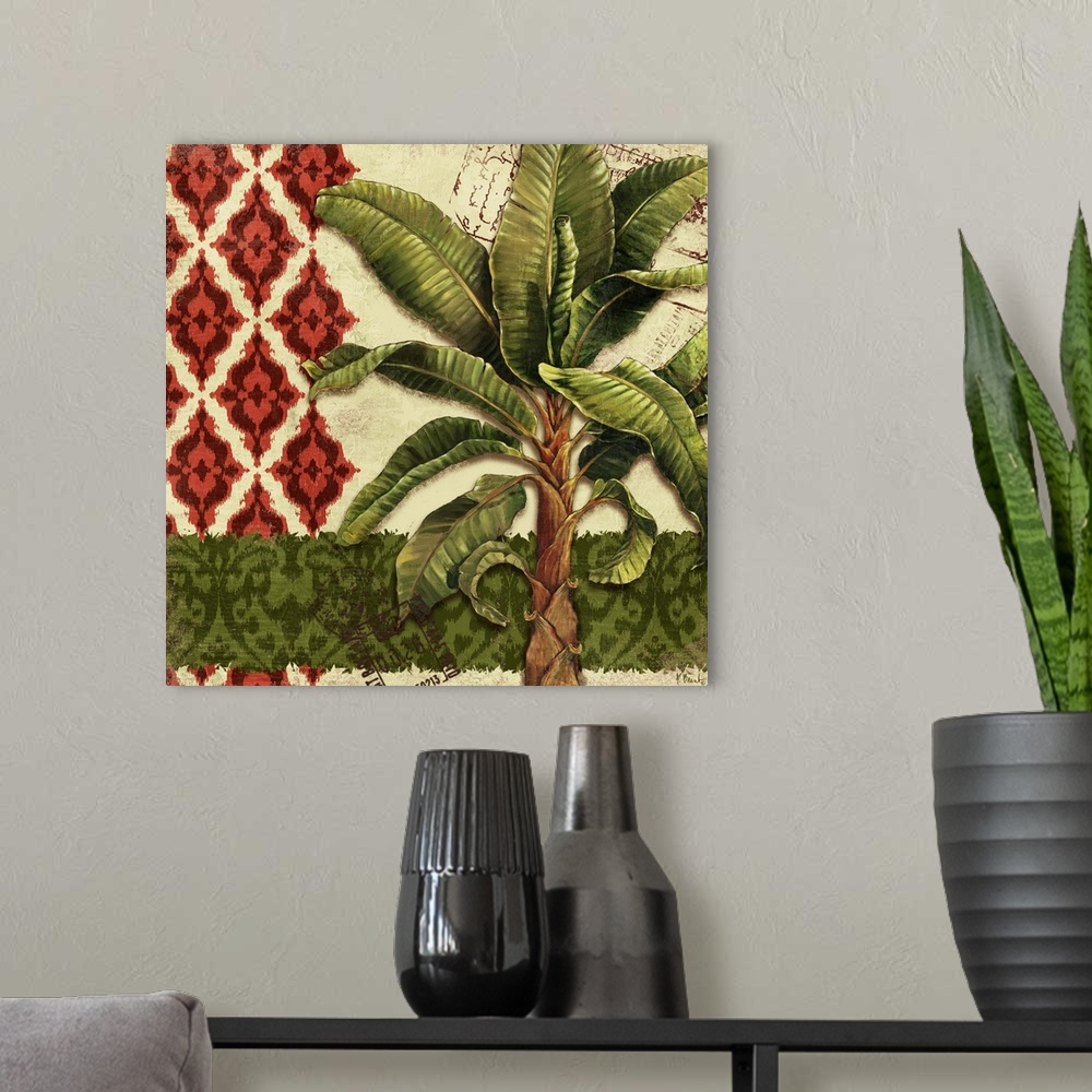 A modern room featuring Decorative panel of a palm tree on mixed print patterns with post marks.
