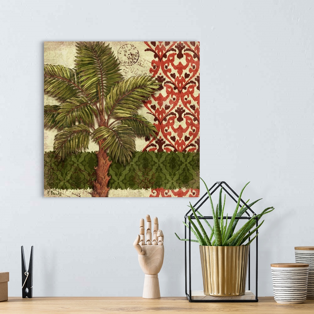 A bohemian room featuring Decorative panel of a palm tree on mixed print patterns with post marks.