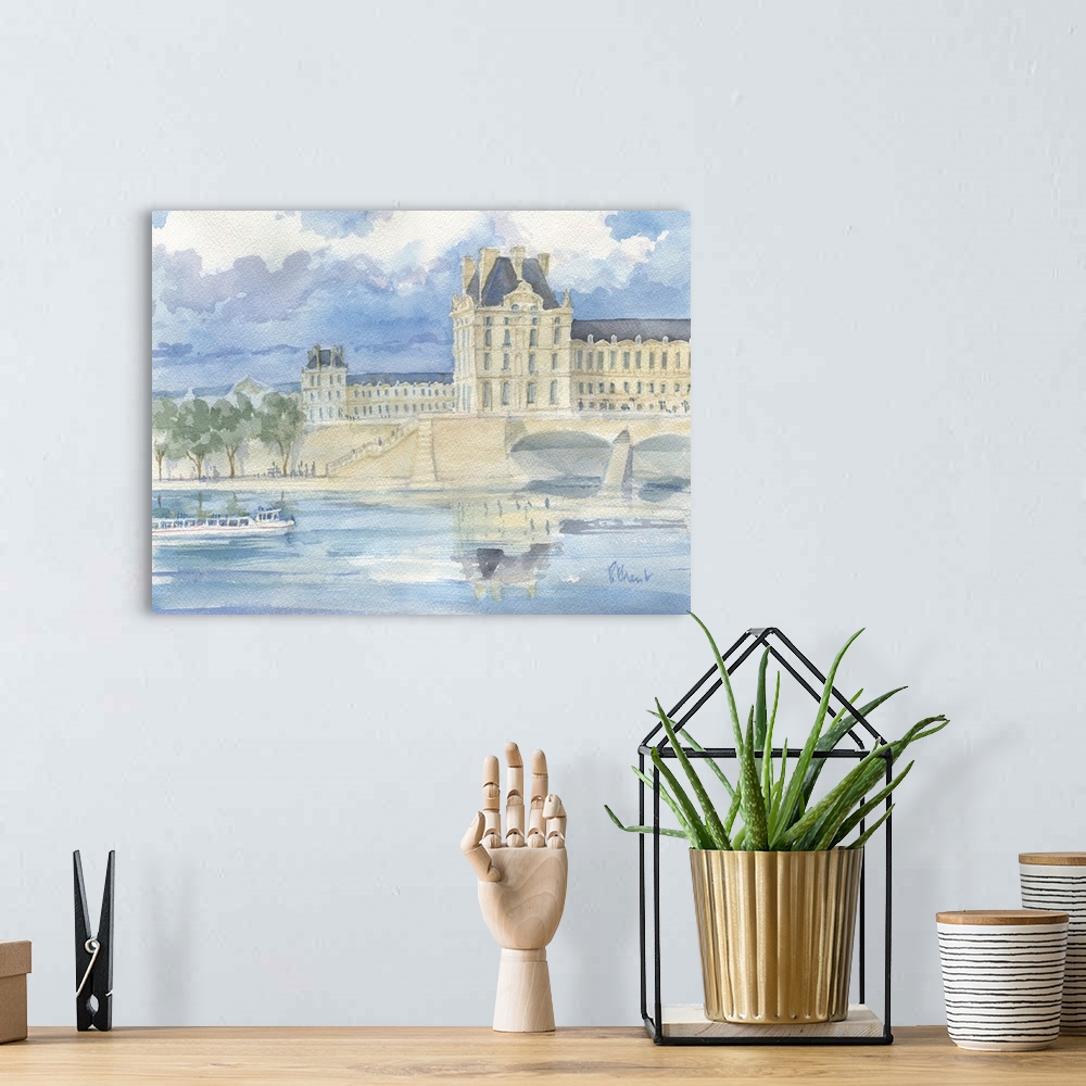 A bohemian room featuring The Louvre with a Bateau Mouche