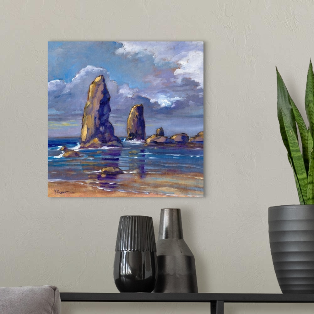A modern room featuring Landscape painting of the tall rock landmarks on the Oregon coast.
