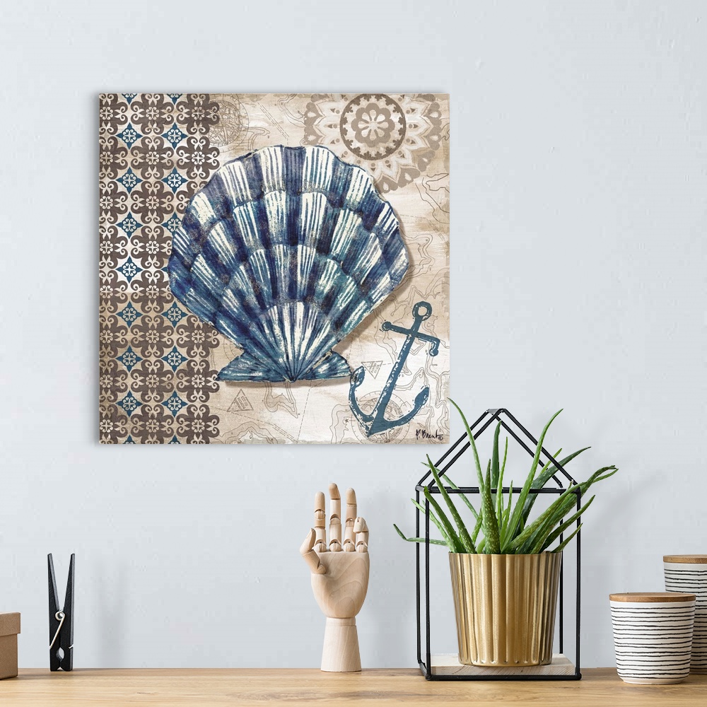 A bohemian room featuring Contemporary decorative artwork of a scallop shell on a patterned background and nautical elements.