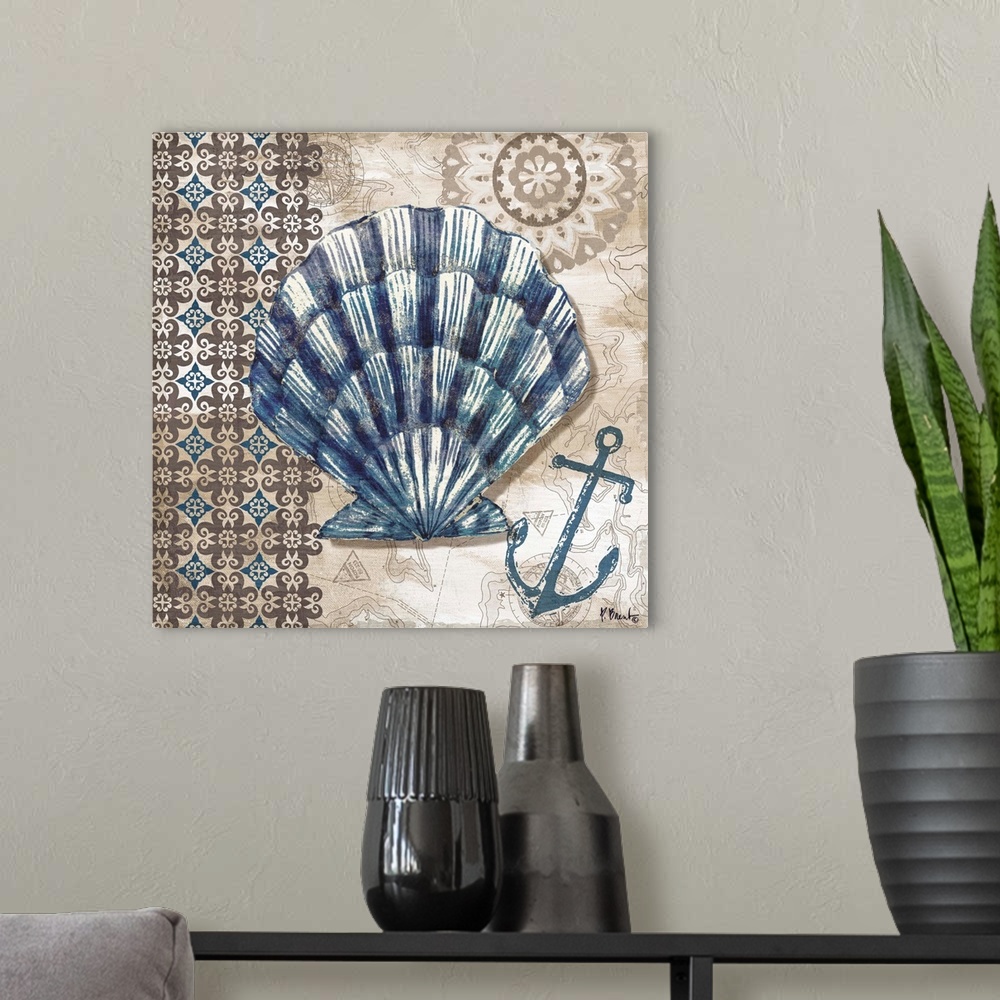 A modern room featuring Contemporary decorative artwork of a scallop shell on a patterned background and nautical elements.