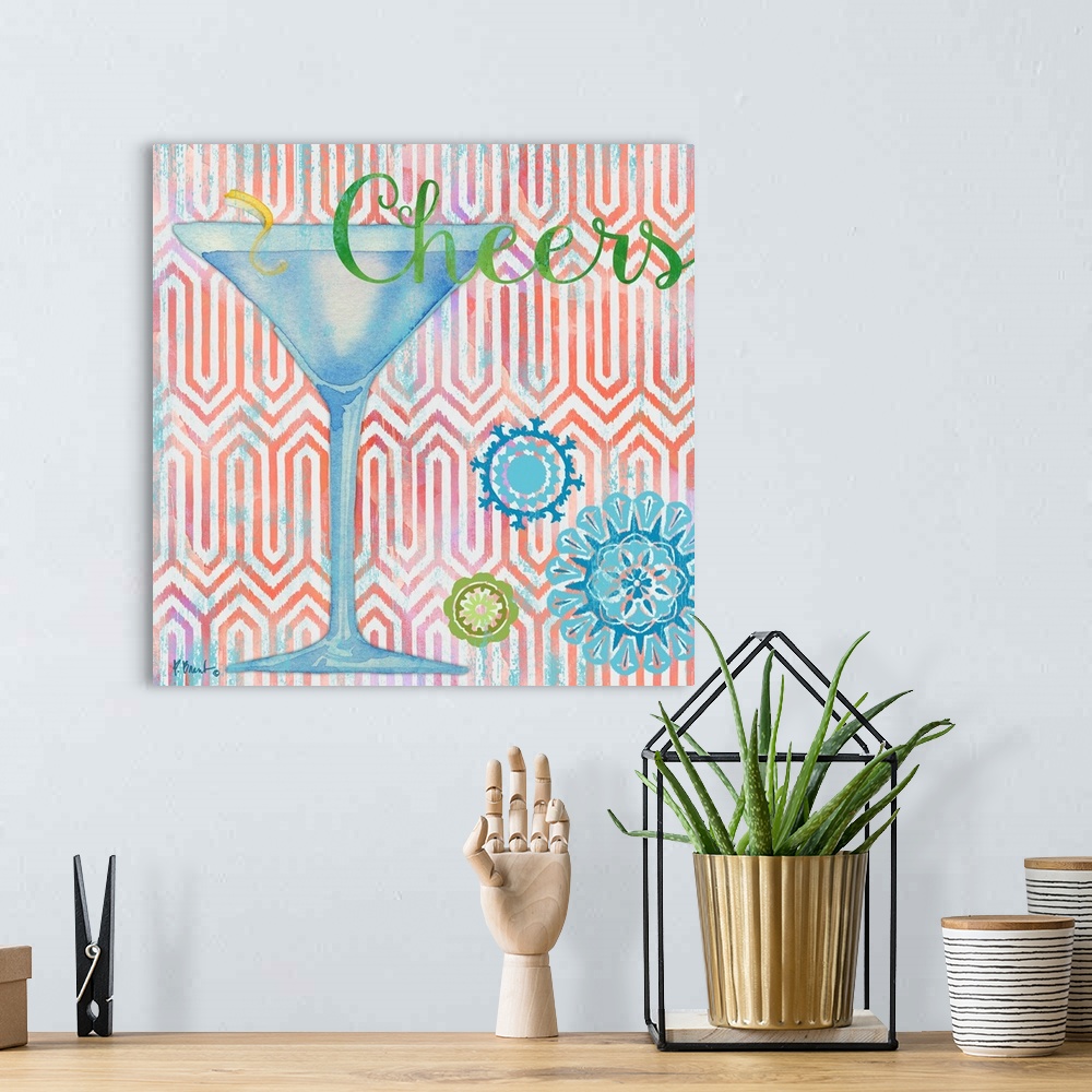 A bohemian room featuring Watercolor painting of a fruity mixed drink on a geometric background.