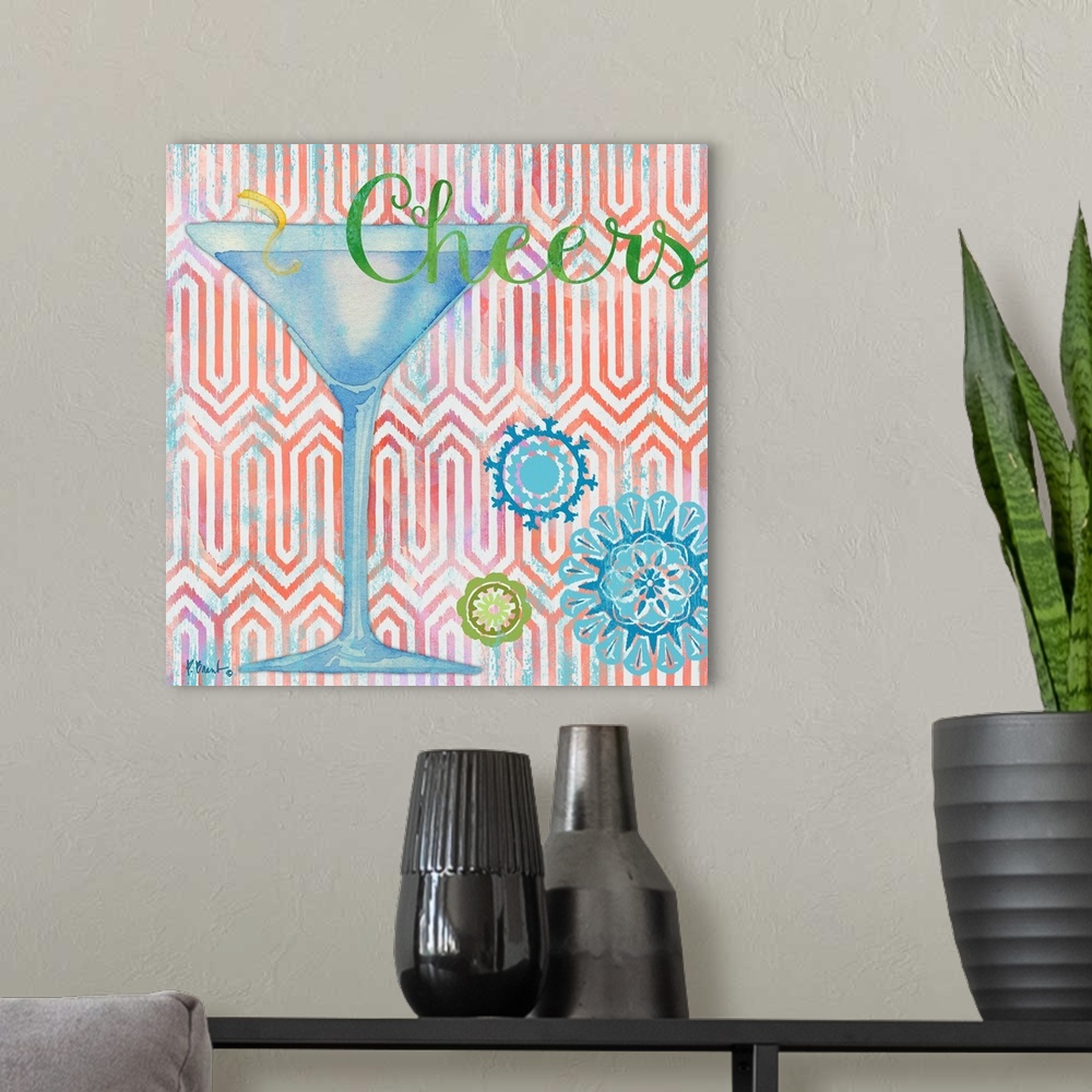 A modern room featuring Watercolor painting of a fruity mixed drink on a geometric background.