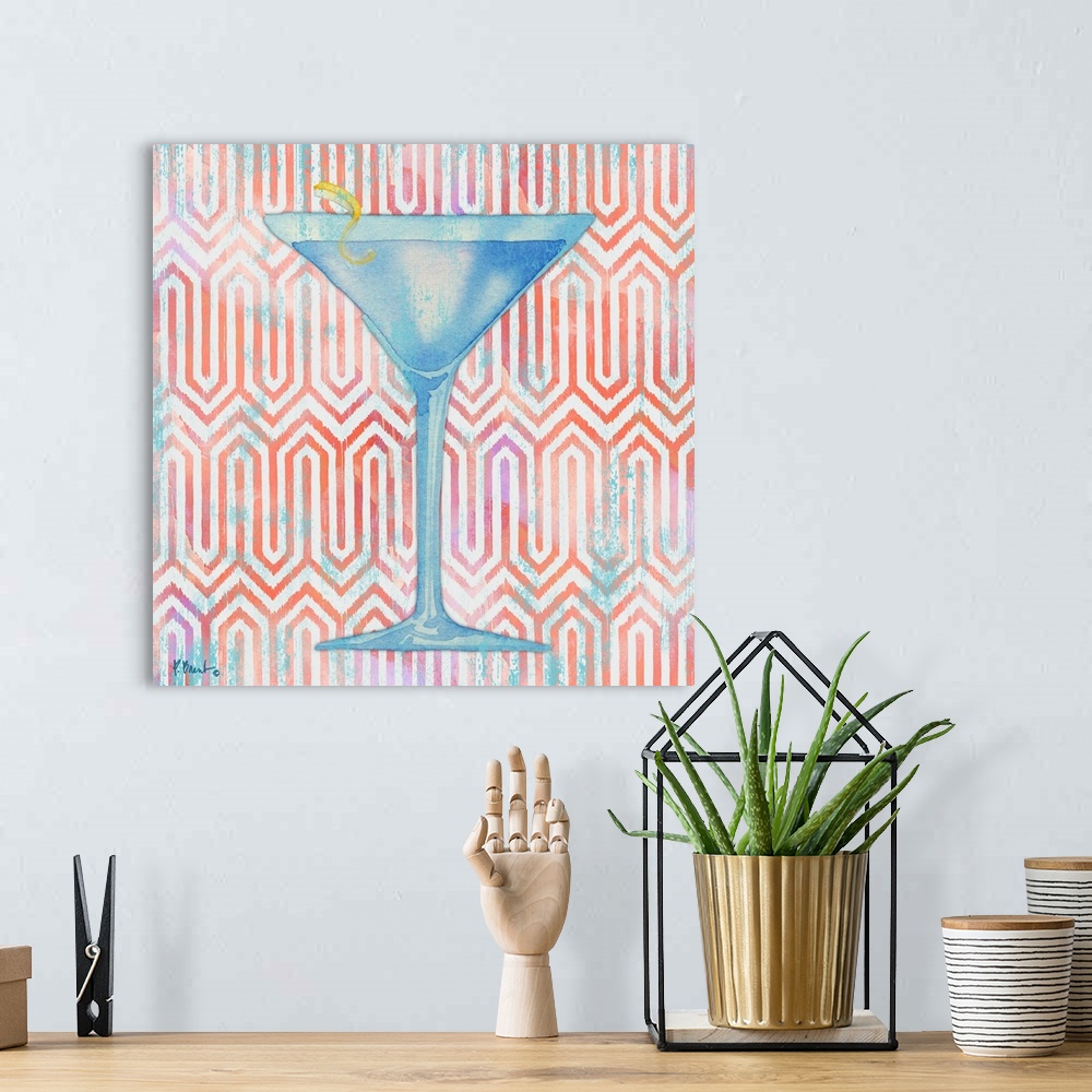 A bohemian room featuring Watercolor painting of a fruity mixed drink on a geometric background.