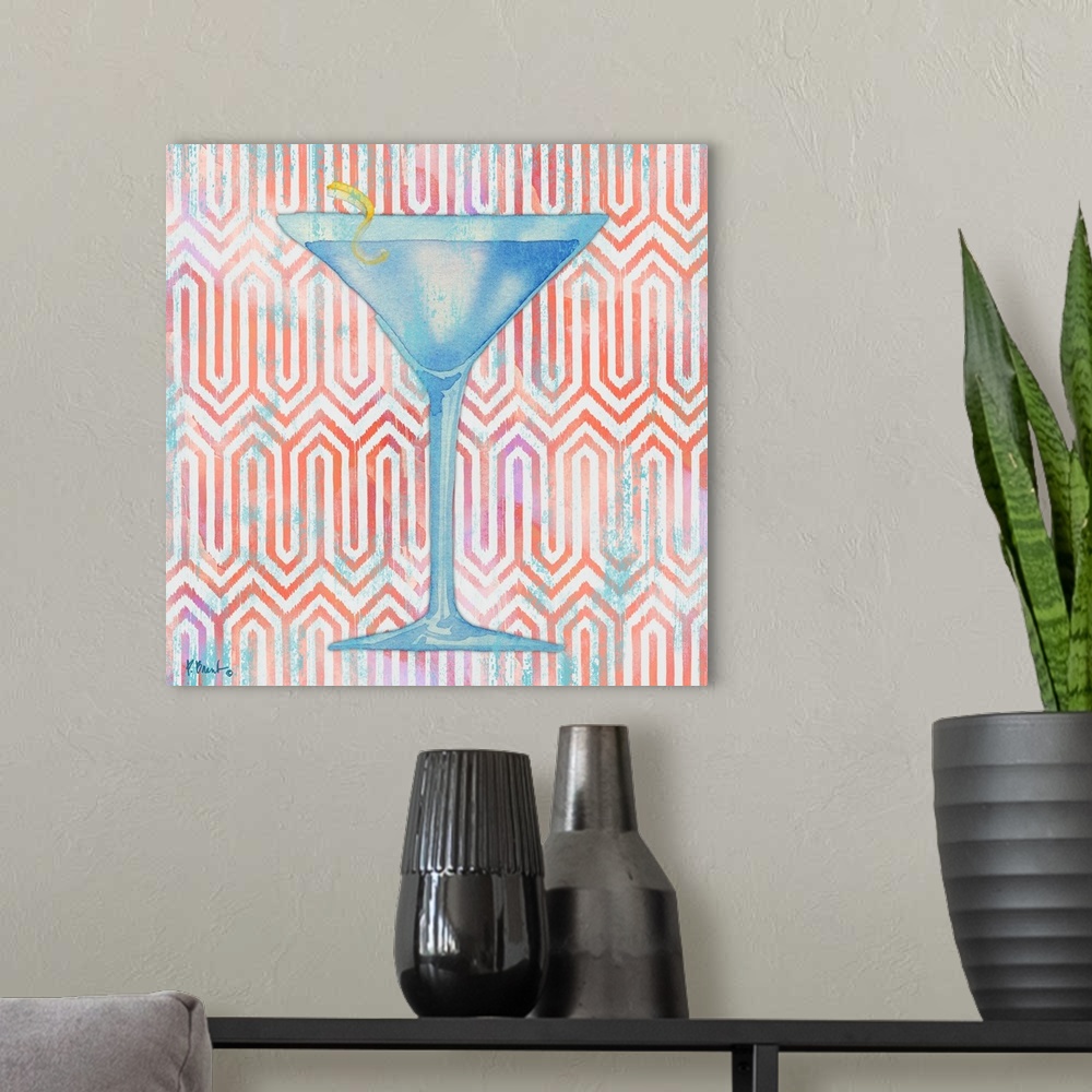 A modern room featuring Watercolor painting of a fruity mixed drink on a geometric background.