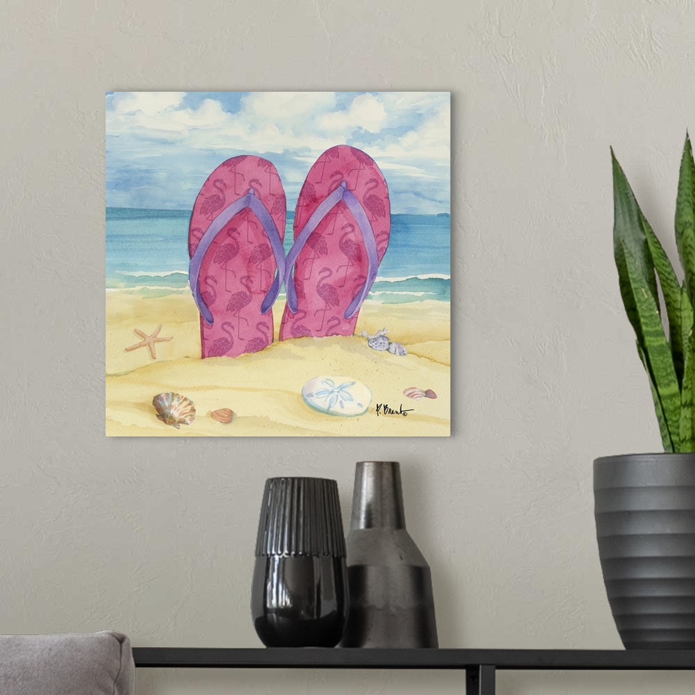 A modern room featuring Watercolor painting of flip flops in the sand on the beach.