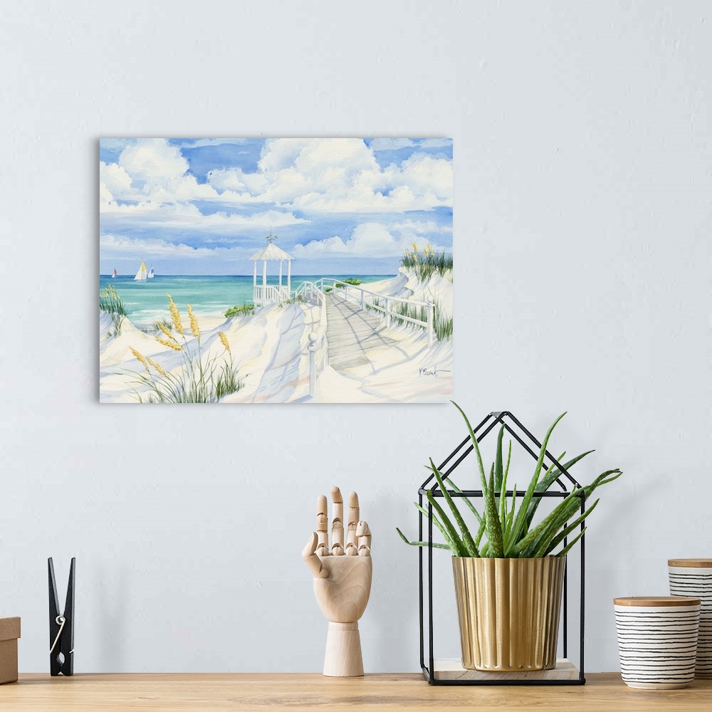 A bohemian room featuring Painting of a sandy beach with dune grass and a jetty.