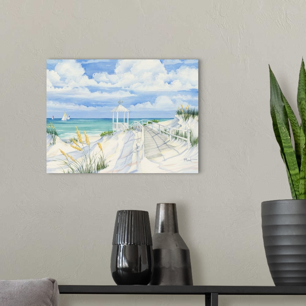 A modern room featuring Painting of a sandy beach with dune grass and a jetty.