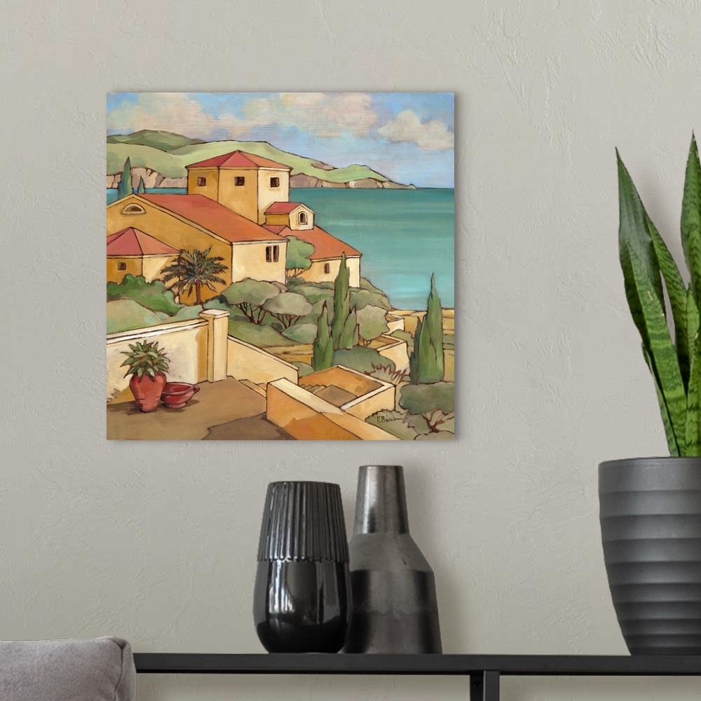 A modern room featuring Painting of a Mediterranean town overlooking the sea.