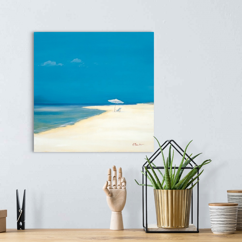 A bohemian room featuring Contemporary painting of an empty beach with only a chair and an umbrella.